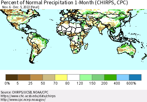 World Percent of Normal Precipitation 1-Month (CHIRPS) Thematic Map For 11/6/2022 - 12/5/2022