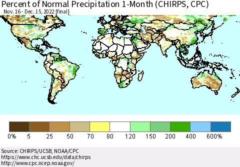 World Percent of Normal Precipitation 1-Month (CHIRPS) Thematic Map For 11/16/2022 - 12/15/2022