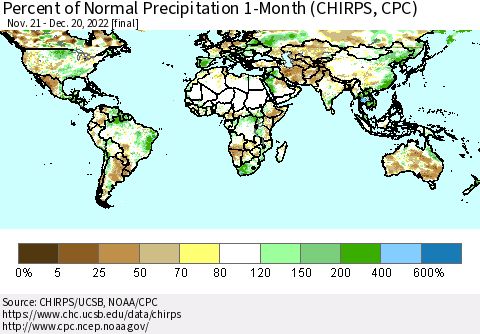 World Percent of Normal Precipitation 1-Month (CHIRPS) Thematic Map For 11/21/2022 - 12/20/2022