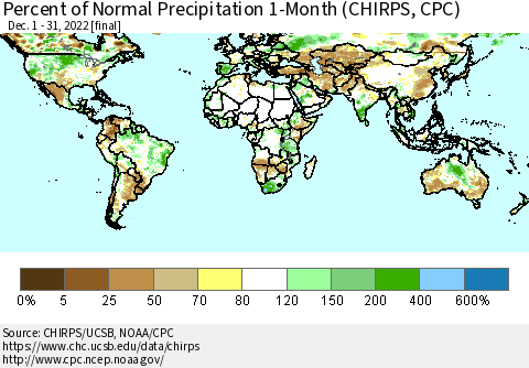 World Percent of Normal Precipitation 1-Month (CHIRPS) Thematic Map For 12/1/2022 - 12/31/2022