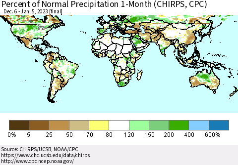 World Percent of Normal Precipitation 1-Month (CHIRPS) Thematic Map For 12/6/2022 - 1/5/2023