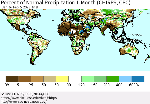 World Percent of Normal Precipitation 1-Month (CHIRPS) Thematic Map For 1/6/2023 - 2/5/2023