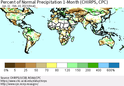 World Percent of Normal Precipitation 1-Month (CHIRPS) Thematic Map For 1/11/2023 - 2/10/2023