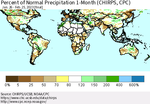 World Percent of Normal Precipitation 1-Month (CHIRPS) Thematic Map For 1/26/2023 - 2/25/2023