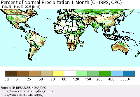 World Percent of Normal Precipitation 1-Month (CHIRPS) Thematic Map For 2/21/2023 - 3/20/2023