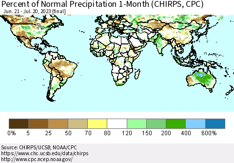 World Percent of Normal Precipitation 1-Month (CHIRPS) Thematic Map For 6/21/2023 - 7/20/2023