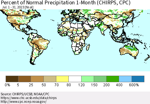 World Percent of Normal Precipitation 1-Month (CHIRPS) Thematic Map For 7/1/2023 - 7/31/2023