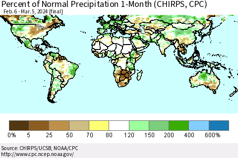 World Percent of Normal Precipitation 1-Month (CHIRPS) Thematic Map For 2/6/2024 - 3/5/2024