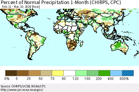 World Percent of Normal Precipitation 1-Month (CHIRPS) Thematic Map For 2/11/2024 - 3/10/2024