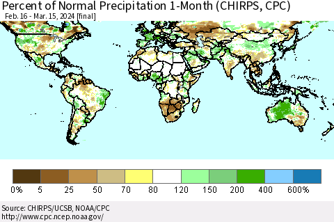 World Percent of Normal Precipitation 1-Month (CHIRPS) Thematic Map For 2/16/2024 - 3/15/2024
