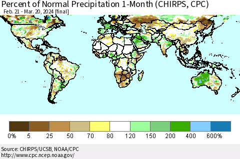World Percent of Normal Precipitation 1-Month (CHIRPS) Thematic Map For 2/21/2024 - 3/20/2024