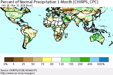 World Percent of Normal Precipitation 1-Month (CHIRPS) Thematic Map For 2/26/2024 - 3/25/2024