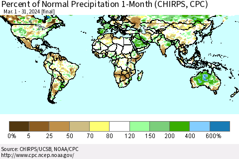 World Percent of Normal Precipitation 1-Month (CHIRPS) Thematic Map For 3/1/2024 - 3/31/2024