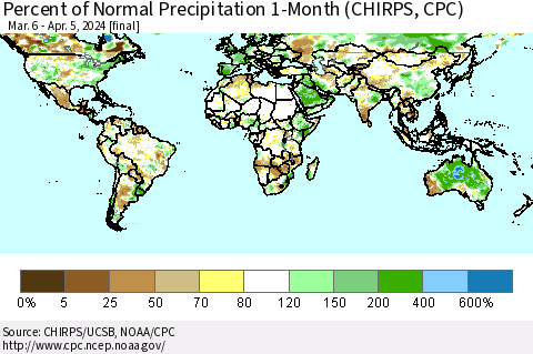 World Percent of Normal Precipitation 1-Month (CHIRPS) Thematic Map For 3/6/2024 - 4/5/2024