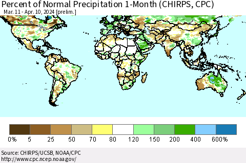 World Percent of Normal Precipitation 1-Month (CHIRPS) Thematic Map For 3/11/2024 - 4/10/2024