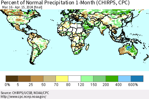World Percent of Normal Precipitation 1-Month (CHIRPS) Thematic Map For 3/16/2024 - 4/15/2024