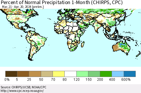 World Percent of Normal Precipitation 1-Month (CHIRPS) Thematic Map For 3/21/2024 - 4/20/2024