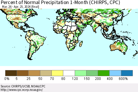World Percent of Normal Precipitation 1-Month (CHIRPS) Thematic Map For 3/26/2024 - 4/25/2024