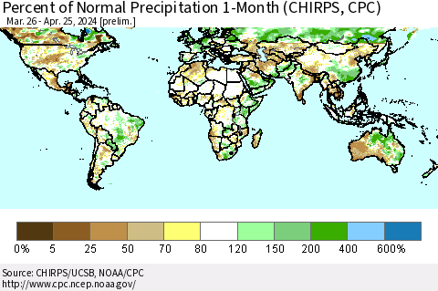 World Percent of Normal Precipitation 1-Month (CHIRPS) Thematic Map For 3/26/2024 - 4/25/2024