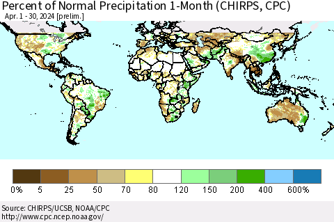 World Percent of Normal Precipitation 1-Month (CHIRPS) Thematic Map For 4/1/2024 - 4/30/2024