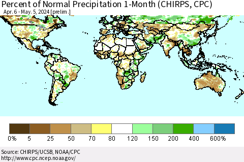 World Percent of Normal Precipitation 1-Month (CHIRPS) Thematic Map For 4/6/2024 - 5/5/2024