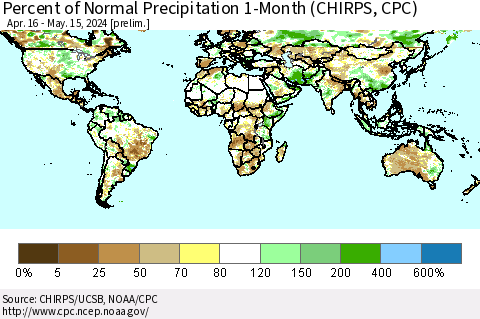 World Percent of Normal Precipitation 1-Month (CHIRPS) Thematic Map For 4/16/2024 - 5/15/2024
