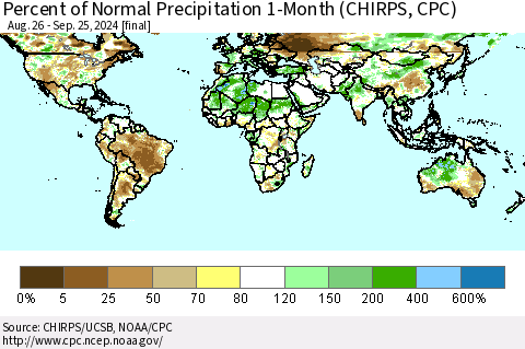 World Percent of Normal Precipitation 1-Month (CHIRPS) Thematic Map For 8/26/2024 - 9/25/2024