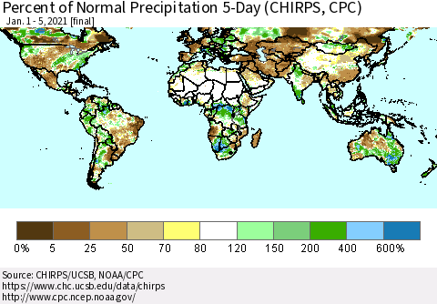 World Percent of Normal Precipitation 5-Day (CHIRPS) Thematic Map For 1/1/2021 - 1/5/2021