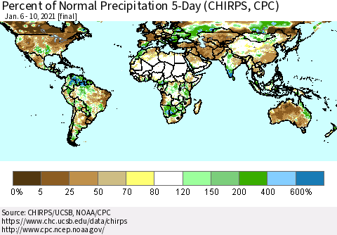 World Percent of Normal Precipitation 5-Day (CHIRPS) Thematic Map For 1/6/2021 - 1/10/2021
