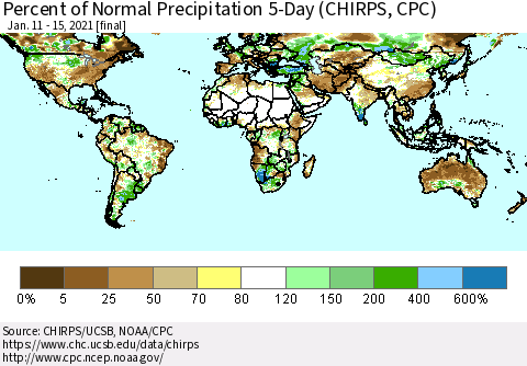 World Percent of Normal Precipitation 5-Day (CHIRPS) Thematic Map For 1/11/2021 - 1/15/2021