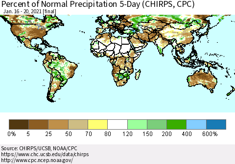 World Percent of Normal Precipitation 5-Day (CHIRPS) Thematic Map For 1/16/2021 - 1/20/2021