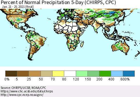 World Percent of Normal Precipitation 5-Day (CHIRPS) Thematic Map For 1/21/2021 - 1/25/2021