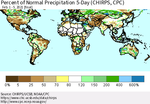 World Percent of Normal Precipitation 5-Day (CHIRPS) Thematic Map For 2/1/2021 - 2/5/2021