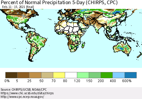 World Percent of Normal Precipitation 5-Day (CHIRPS) Thematic Map For 2/11/2021 - 2/15/2021