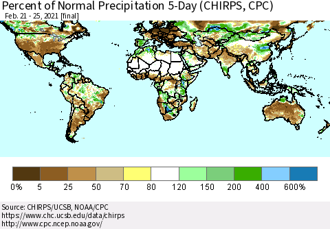 World Percent of Normal Precipitation 5-Day (CHIRPS) Thematic Map For 2/21/2021 - 2/25/2021