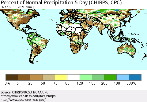 World Percent of Normal Precipitation 5-Day (CHIRPS) Thematic Map For 3/6/2021 - 3/10/2021