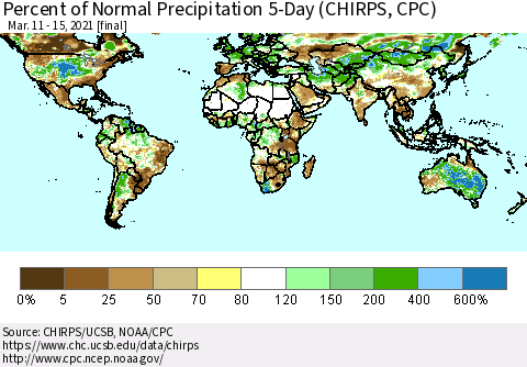 World Percent of Normal Precipitation 5-Day (CHIRPS) Thematic Map For 3/11/2021 - 3/15/2021