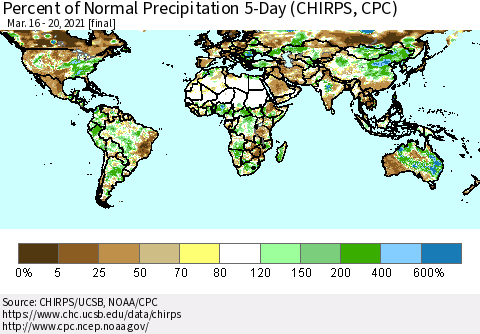 World Percent of Normal Precipitation 5-Day (CHIRPS) Thematic Map For 3/16/2021 - 3/20/2021