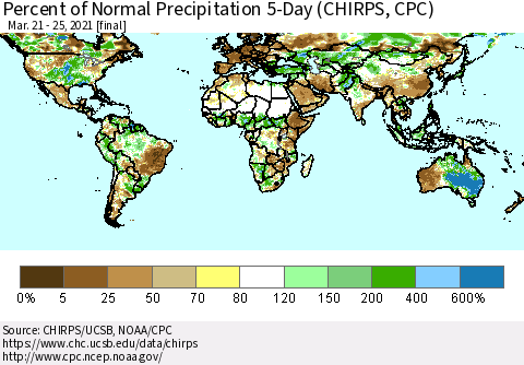 World Percent of Normal Precipitation 5-Day (CHIRPS) Thematic Map For 3/21/2021 - 3/25/2021