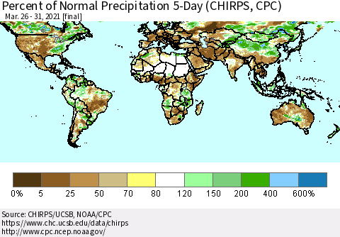 World Percent of Normal Precipitation 5-Day (CHIRPS) Thematic Map For 3/26/2021 - 3/31/2021