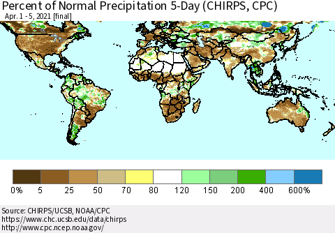 World Percent of Normal Precipitation 5-Day (CHIRPS) Thematic Map For 4/1/2021 - 4/5/2021
