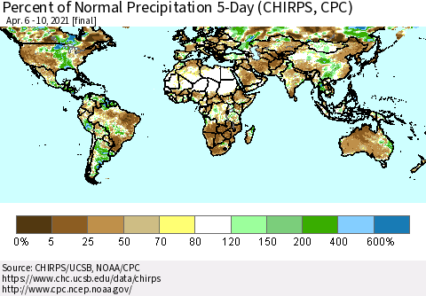 World Percent of Normal Precipitation 5-Day (CHIRPS) Thematic Map For 4/6/2021 - 4/10/2021