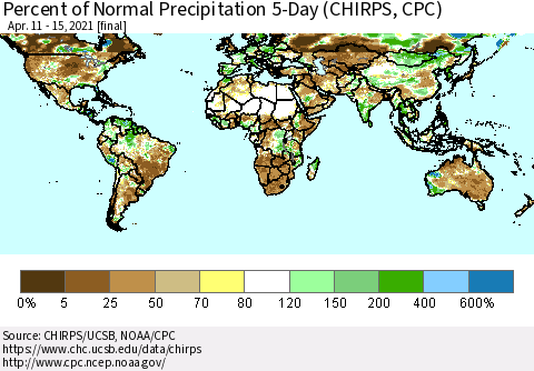 World Percent of Normal Precipitation 5-Day (CHIRPS) Thematic Map For 4/11/2021 - 4/15/2021
