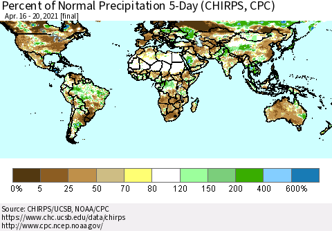 World Percent of Normal Precipitation 5-Day (CHIRPS) Thematic Map For 4/16/2021 - 4/20/2021