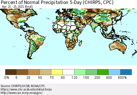 World Percent of Normal Precipitation 5-Day (CHIRPS) Thematic Map For 4/21/2021 - 4/25/2021