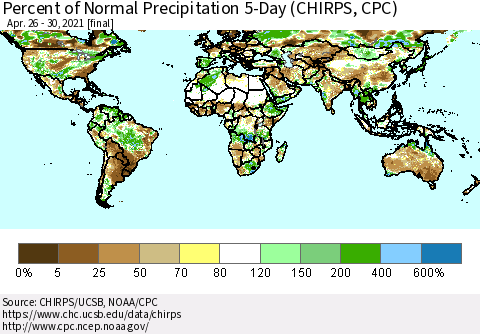 World Percent of Normal Precipitation 5-Day (CHIRPS) Thematic Map For 4/26/2021 - 4/30/2021