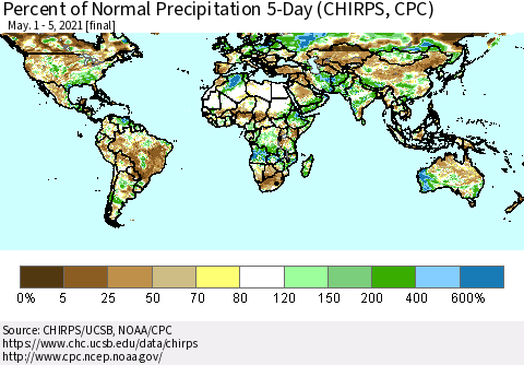 World Percent of Normal Precipitation 5-Day (CHIRPS) Thematic Map For 5/1/2021 - 5/5/2021