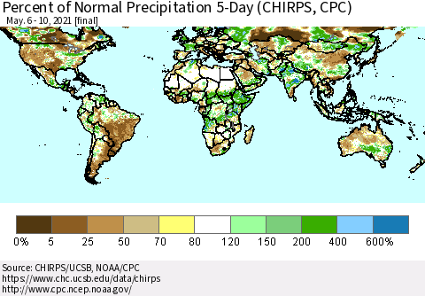 World Percent of Normal Precipitation 5-Day (CHIRPS) Thematic Map For 5/6/2021 - 5/10/2021