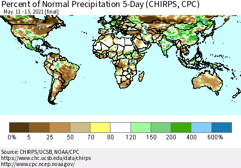 World Percent of Normal Precipitation 5-Day (CHIRPS) Thematic Map For 5/11/2021 - 5/15/2021