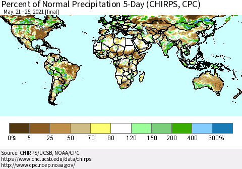 World Percent of Normal Precipitation 5-Day (CHIRPS) Thematic Map For 5/21/2021 - 5/25/2021